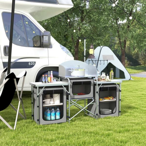 Camping Kitchen Kokoontaitettava Keittiö Tuulensuoja 3 Kaappia 3 Työtasoa Säädettävä Valoteline Camping Garden Alumiini Oxford Harmaa