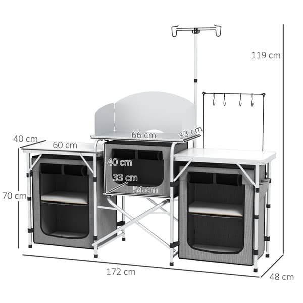 Camping Kitchen Kokoontaitettava Keittiö Tuulensuoja 3 Kaappia 3 Työtasoa Säädettävä Valoteline Camping Garden Alumiini Oxford Harmaa