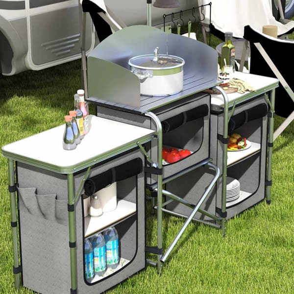 Camping Kitchen Kokoontaitettava Keittiö Tuulensuoja 3 Kaappia 3 Työtasoa Säädettävä Valoteline Camping Garden Alumiini Oxford Harmaa