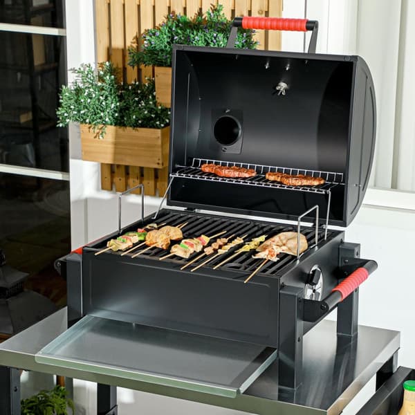 Hule Tregrill, Bordgrill Med Grillstativ, Kullbrett, Campinggrill Med Lokk, Håndtak, Termometer, Bordgrill For Piknik, Hage, Svart, 68,5 X 50 X 54 Cm
