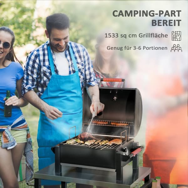 Hule Tregrill, Bordgrill Med Grillstativ, Kullbrett, Campinggrill Med Lokk, Håndtak, Termometer, Bordgrill For Piknik, Hage, Svart, 68,5 X 50 X 54 Cm
