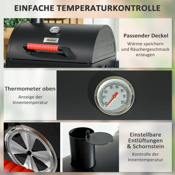 Hule Tregrill, Bordgrill Med Grillstativ, Kullbrett, Campinggrill Med Lokk, Håndtak, Termometer, Bordgrill For Piknik, Hage, Svart, 68,5 X 50 X 54 Cm