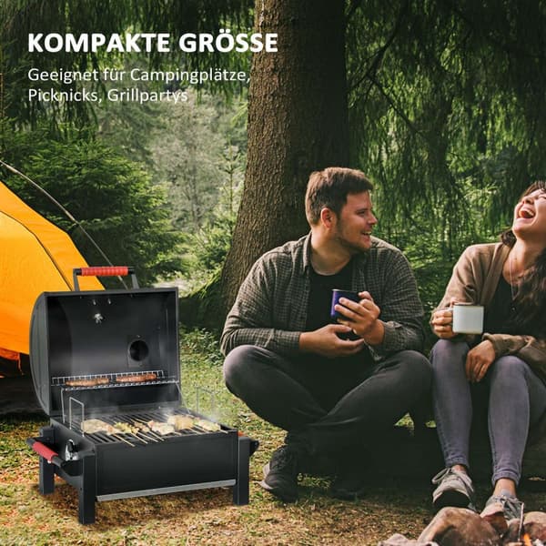 Hule Tregrill, Bordgrill Med Grillstativ, Kullbrett, Campinggrill Med Lokk, Håndtak, Termometer, Bordgrill For Piknik, Hage, Svart, 68,5 X 50 X 54 Cm