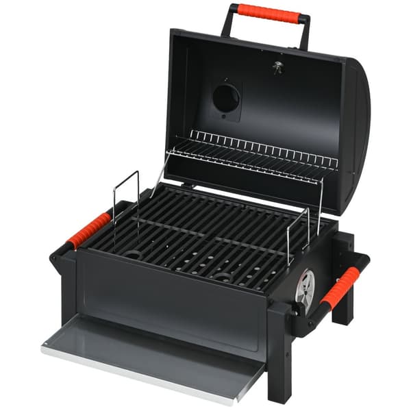 Hule Tregrill, Bordgrill Med Grillstativ, Kullbrett, Campinggrill Med Lokk, Håndtak, Termometer, Bordgrill For Piknik, Hage, Svart, 68,5 X 50 X 54 Cm