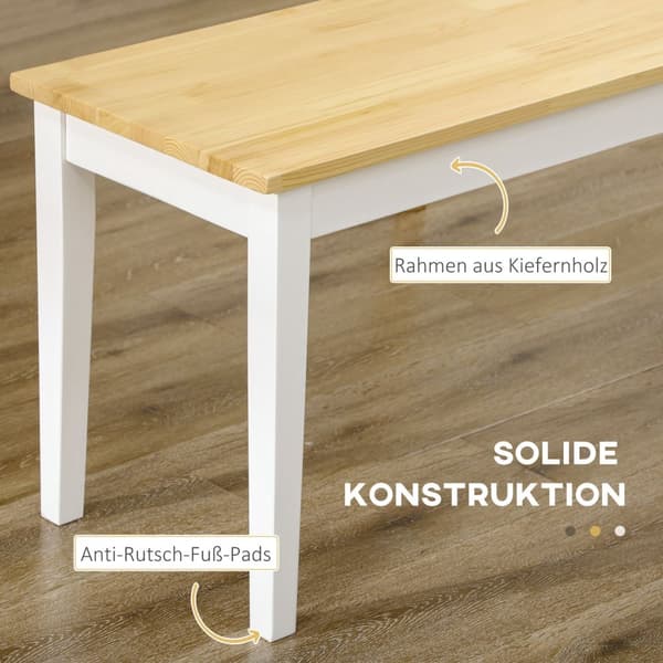 Bænk 2-Personers Spisestuebænk Træbænk, Køkkenbænk, Stuebænk Til Køkken, Entré, Bæreevne Op Til 220 Kg, Fyrretræ, Hvid, 102 X 36 X 45 Cm