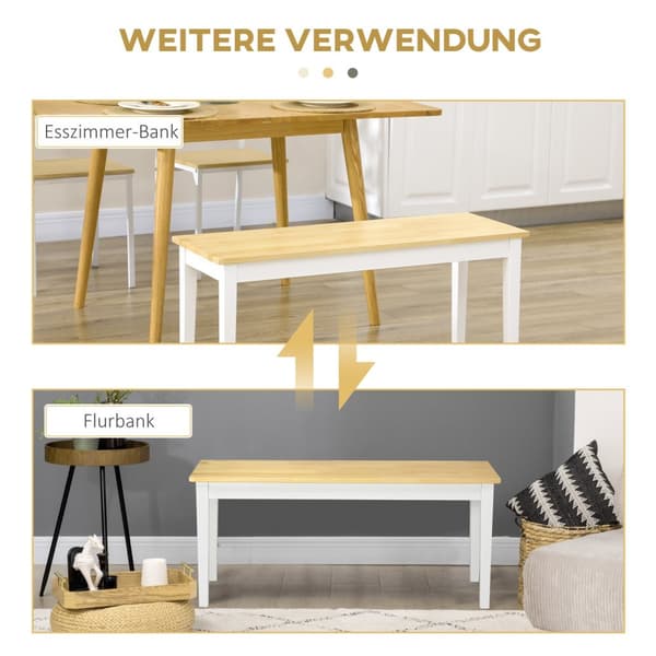 Bænk 2-Personers Spisestuebænk Træbænk, Køkkenbænk, Stuebænk Til Køkken, Entré, Bæreevne Op Til 220 Kg, Fyrretræ, Hvid, 102 X 36 X 45 Cm