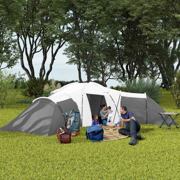 Tunnel Telt Camping Telt 6-9 Personer Familietelt 3 Soveværelser Dagligstue Veranda 2000Mm Oxford Grå