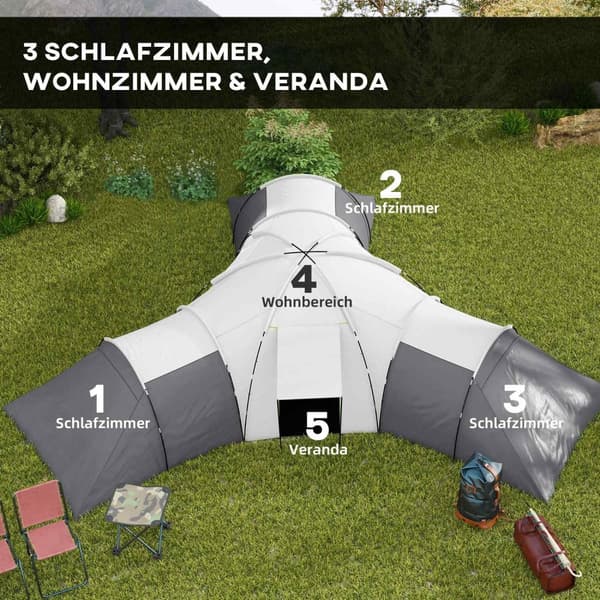 Tunnel Telt Camping Telt 6-9 Personer Familietelt 3 Soveværelser Dagligstue Veranda 2000Mm Oxford Grå