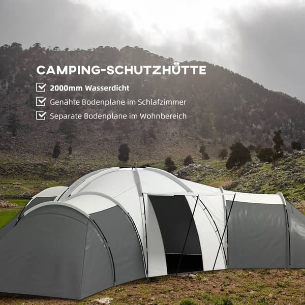 Tunnel Telt Camping Telt 6-9 Personer Familietelt 3 Soveværelser Dagligstue Veranda 2000Mm Oxford Grå