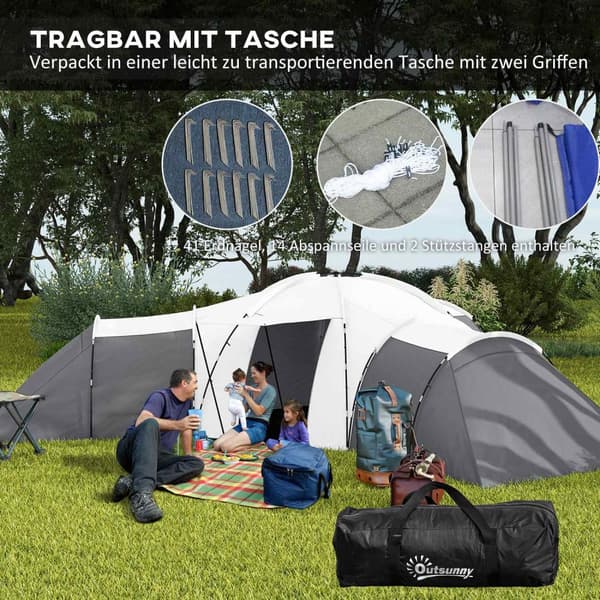 Tunnel Telt Camping Telt 6-9 Personer Familietelt 3 Soveværelser Dagligstue Veranda 2000Mm Oxford Grå