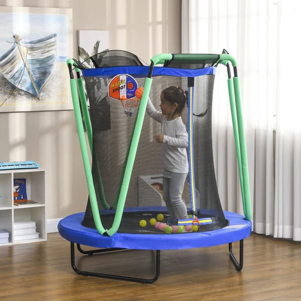 Trampolin Børnetrampolin Sikkerhedsnet Diameter 140 Cm Havetrampolin Basketball Hoop Basketball 20 Bolde 3-10 År Blå