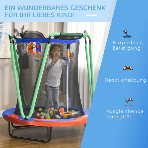 Trampolin Børnetrampolin Sikkerhedsnet Diameter 140 Cm Havetrampolin Basketball Hoop Basketball 20 Bolde 3-10 År Blå