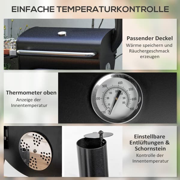 Charcoal Grill Trolley Med Låg, Hylder, Hjul, Termometer, Skorsten, Rustfrit Stål, Sort