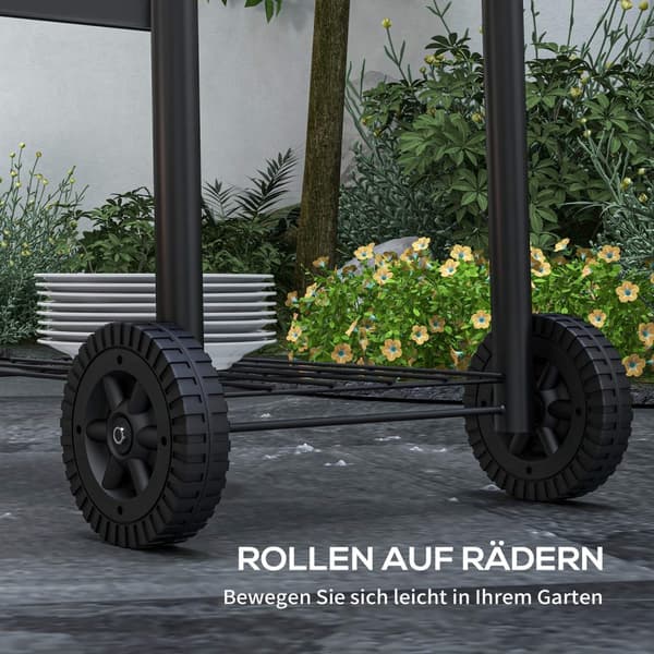 Charcoal Grill Trolley Med Låg, Hylder, Hjul, Termometer, Skorsten, Rustfrit Stål, Sort