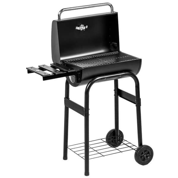 Charcoal Grill Trolley Med Låg, Hylder, Hjul, Termometer, Skorsten, Rustfrit Stål, Sort