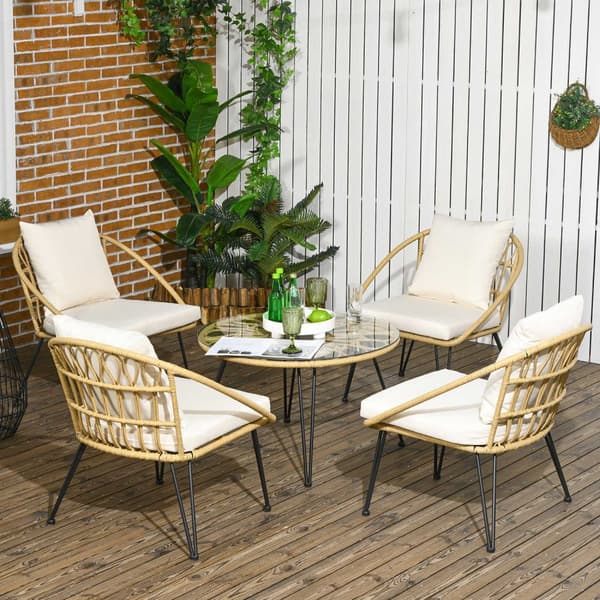 5-Delt Hagemøbelsett I Rotting, Sittesett Med 1 Spisebord, 4 Stoler, Sittegruppe, Hagesett For Balkong, Terrasse, Polyester, Beige