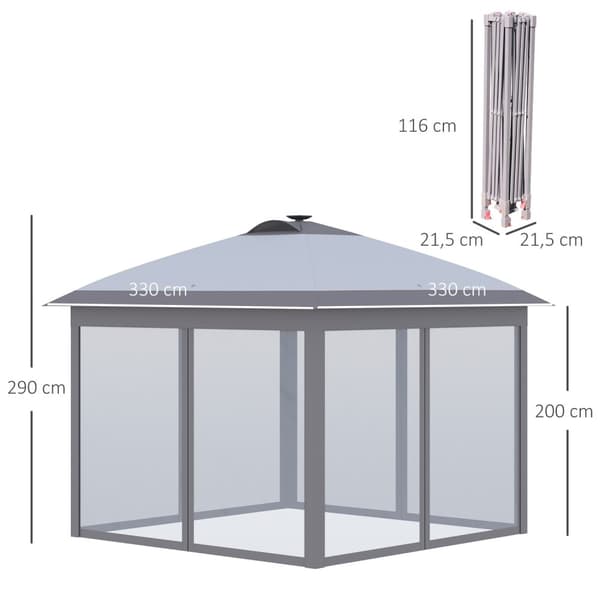 Gazebo 3.3X3.3M Folding Gazebo Led Usb Pop-Up Mesh Sidevegger Solbeskyttelsesveske Oxford Grey