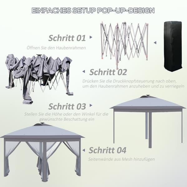 Gazebo 3.3X3.3M Folding Gazebo Led Usb Pop-Up Mesh Sidevegger Solbeskyttelsesveske Oxford Grey