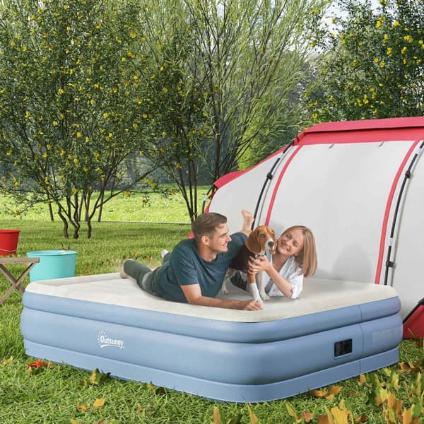 Luftmadrass Dobbel Campingseng For 2 Med Pute Og Elektrisk Pumpe, Lyseblå, 203X152X46Cm