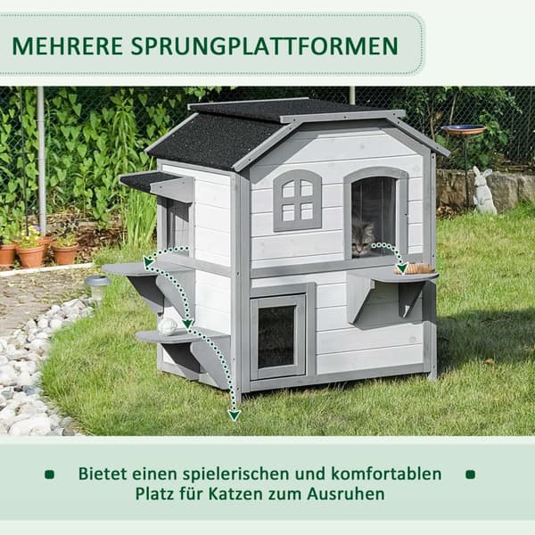 Kattehus I Tre, Utendørs Kattehus Med Trapp, 2 Plan, Smådyrhus For Katter Opp Til 4,5 Kg, Hvit, 78 X 55,5 X 91 Cm