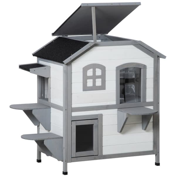 Kattehus I Tre, Utendørs Kattehus Med Trapp, 2 Plan, Smådyrhus For Katter Opp Til 4,5 Kg, Hvit, 78 X 55,5 X 91 Cm