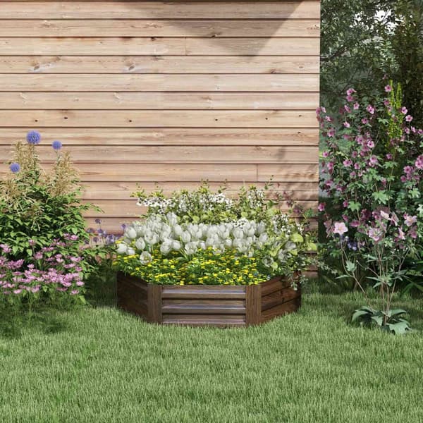 Steel Upphöjd Bädd Hexagonal Öppen Botten Blomlåda Träeffekt Planterare Grönsaksbädd För Balkong Trädgård Mörkbrun