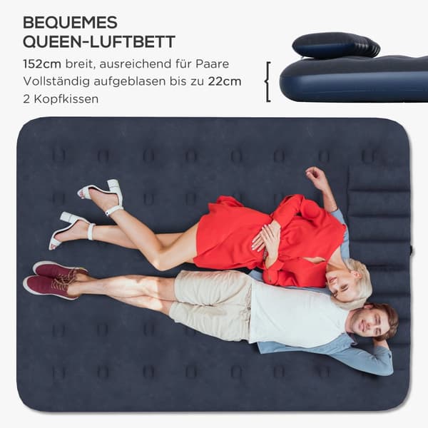 Air Bed Dobbel Luftmadrass Med Håndpumpe Og Pute, Blå, 203X152X22Cm