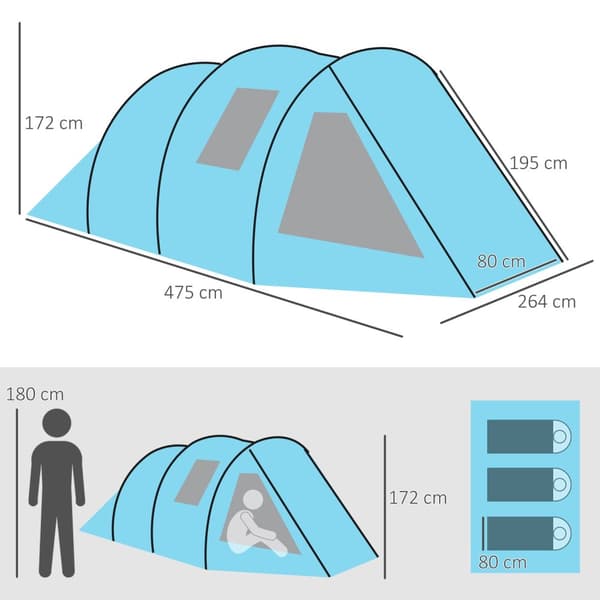 Tunneltelt 4-Manns Campingtelt Med 2 Rom, Uv-Beskyttelse, Vindu, Bæreveske, 2000 Mm Vannsøyle, Blå