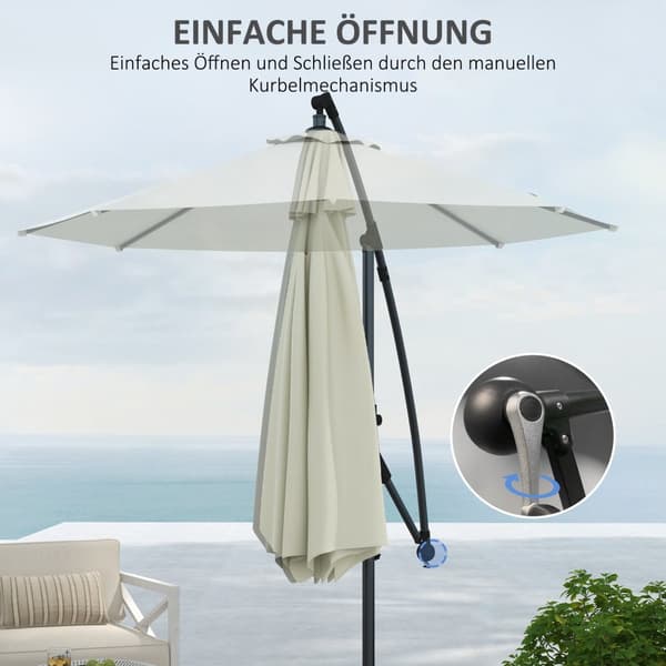 Ø293 Cm Cantilever Paraply Med Krydsbund, Parasol Med Håndsving, Vip Og 8 Ribber, Hængende Terrasse Paraply, Creme