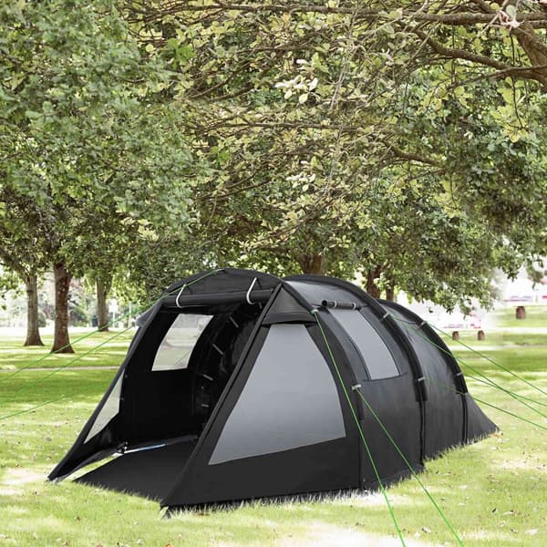 Tunneltält 4-Personers Campingtält Med 2 Rum, Uv-Skydd, Bärväska, 2000 Mm Vattenpelare, Svart