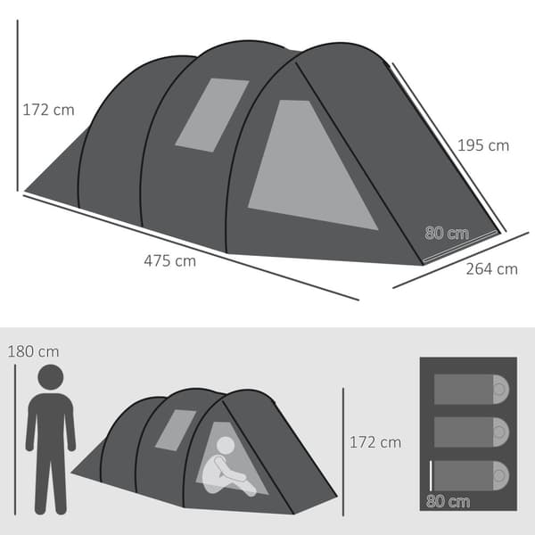 Tunneltält 4-Personers Campingtält Med 2 Rum, Uv-Skydd, Bärväska, 2000 Mm Vattenpelare, Svart