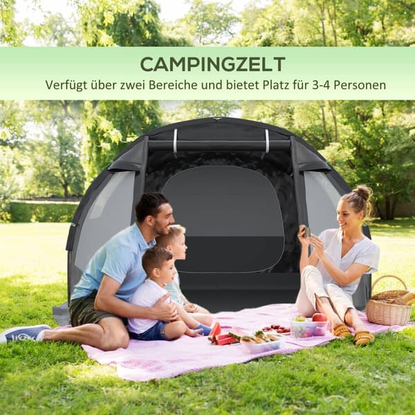 Tunneltält 4-Personers Campingtält Med 2 Rum, Uv-Skydd, Bärväska, 2000 Mm Vattenpelare, Svart