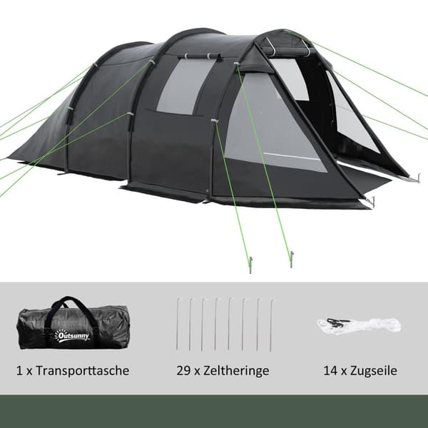 Tunneltält 4-Personers Campingtält Med 2 Rum, Uv-Skydd, Bärväska, 2000 Mm Vattenpelare, Svart