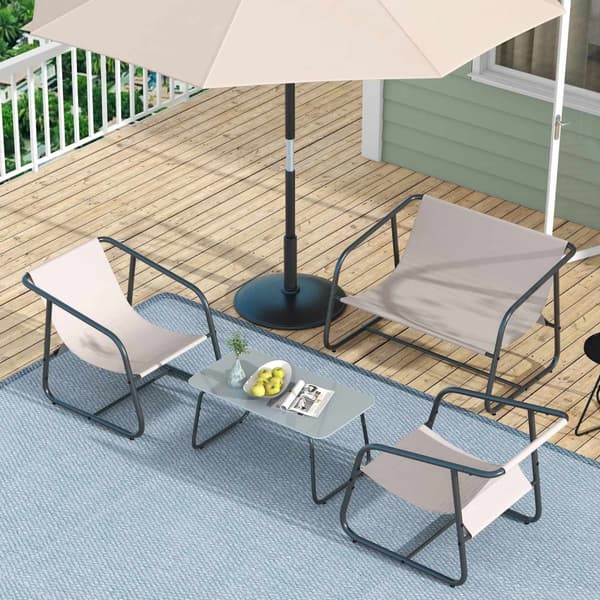 4 Stk. Hagemøbelsett, Sittegruppe Med 2 Lenestoler, 1 Toseter, 1 Salongbord Laget Av Herdet Glass, Hagemøbler Til Balkong, Terrasse, Mesh, Krem