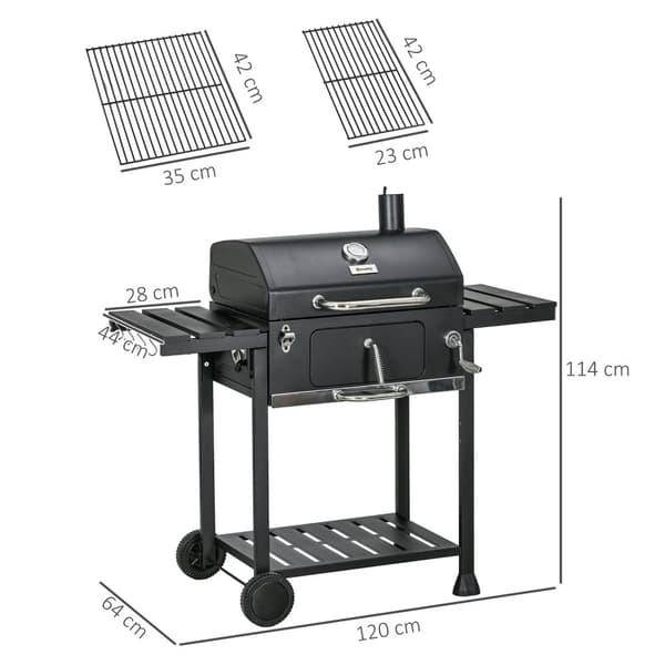 Kullgrill Campinggrill Med To Grillstativ, Sammenleggbar Sidehylle, Grillvogn Med Hylle, Håndtak, Rustfritt Stål, Svart