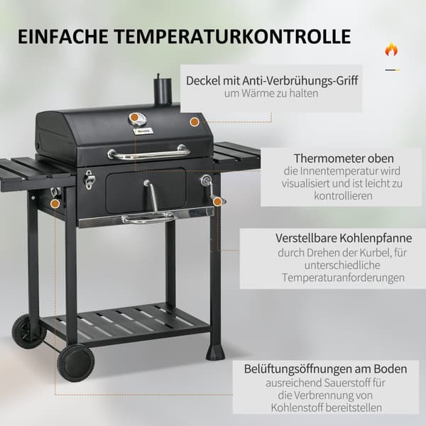 Kullgrill Campinggrill Med To Grillstativ, Sammenleggbar Sidehylle, Grillvogn Med Hylle, Håndtak, Rustfritt Stål, Svart