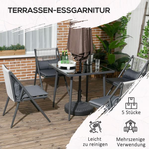 Sittegruppe 5-Delt Hagemøbelsett, Balkongmøbelsett Med 1 Bord, 4 Stoler, Hagemøbler Med Paraplyhull, Polyester, Mørkegrå