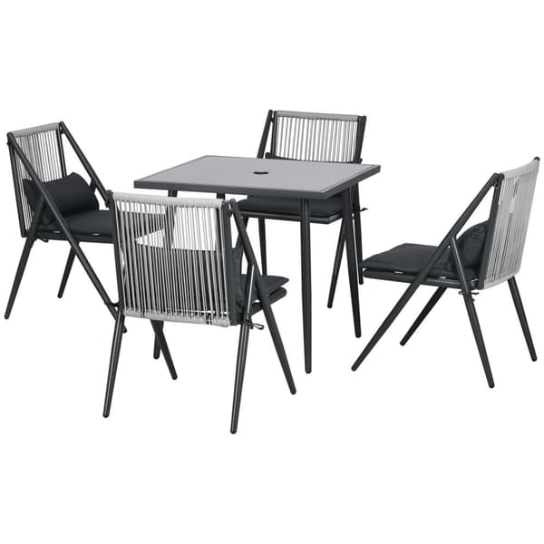 Sittegruppe 5-Delt Hagemøbelsett, Balkongmøbelsett Med 1 Bord, 4 Stoler, Hagemøbler Med Paraplyhull, Polyester, Mørkegrå