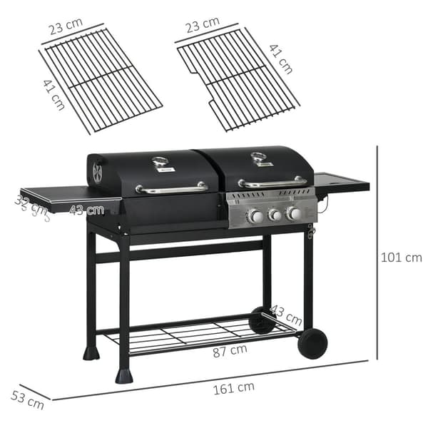 Gassgrillvogn Med 2+1 Brenner, Termometer, 3Kw, Bbq Kullgrill, Hylle, Sidehylle, Krok, Camping, Svart