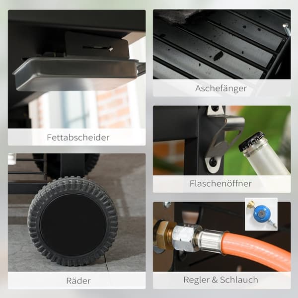 Gassgrillvogn Med 2+1 Brenner, Termometer, 3Kw, Bbq Kullgrill, Hylle, Sidehylle, Krok, Camping, Svart