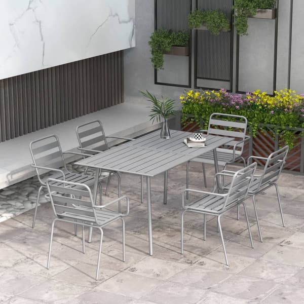 Hagemøbelsett, Sittegruppe, Spisebord, 6 Stablebare Stoler, Balkong, Terrasse, Stål, Lys Grå