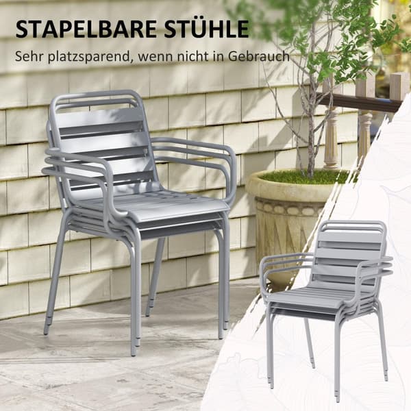 Hagemøbelsett, Sittegruppe, Spisebord, 6 Stablebare Stoler, Balkong, Terrasse, Stål, Lys Grå