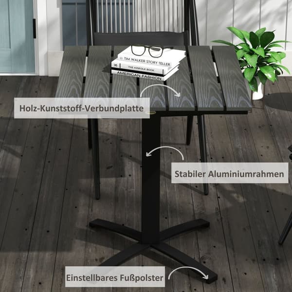 Hagebord, Spisebord For 4 Personer, Firkantet Balkongbord Med Trelook For Terrasse, Aluminium, Grå, 70 X 70 X 76 Cm