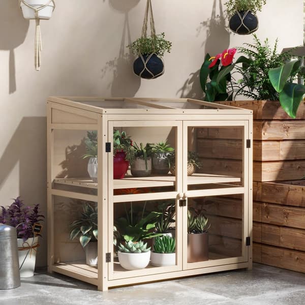 Wooden Cold Frame 2-Lags Drivhus Med Dobbel Dør Og Takvindu, Vindtett, Naturlig, 103X61X103Cm