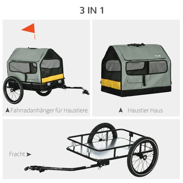 Hundetrailer 3-I-1 Pet House & Cargo Trailer, Hundecykeltrailer Med Reflektorer Til Små Hunde Op Til 10 Kg, Oxford, Grå