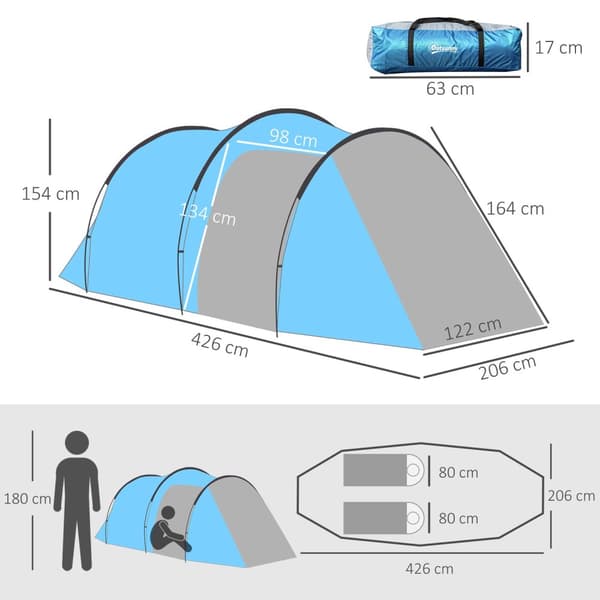 Tunneltelt Til 2-3 Personer 190T Campingtelt Med Pløkker, Glasfiber & Polyester, Lyseblå, 426X206X154Cm