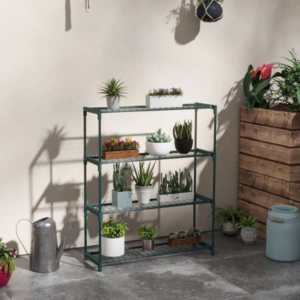 Plantehylle, Blomsterstativ Med 4-Lags Blomsterhylle, Plantestativ For Hage, Balkong, Stål, Mørkegrønn, 89 X 28 X 107 Cm
