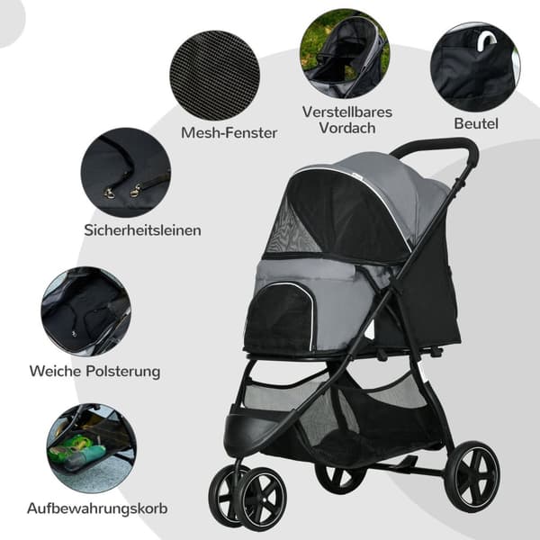 Pet Buggy Regndæksel Sikkerhedssnor Opbevaringskurv Sammenfoldelig Små Hunde Oxford Grey