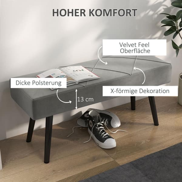 Polstret Benk I Fløyelslook, Sengebenk, Gangbenk Med X-Mønster, Opptil 120 Kg, For Soverom, 100X36X45 Cm, Grå