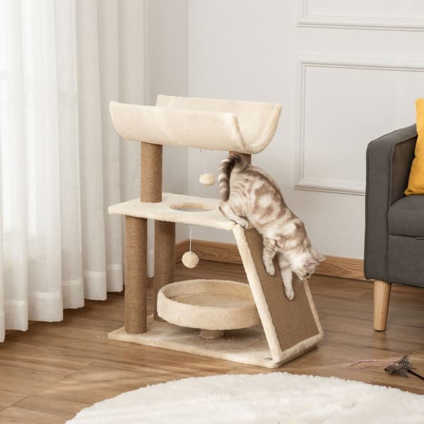 Cat Skrapestolpe Liten 76 Cm, Med Lekeball Og Sete, Innendørs Klatretårn Med Seng Og Skrapebrett, Lysebrun, Opptil 5 Kg